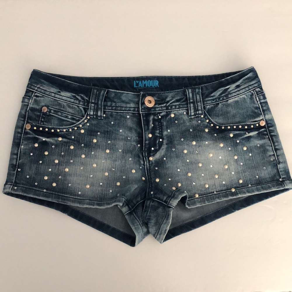 L’amour by Nanette Lepore Jean Shorts with Rhinestone and Pearls Sz 5